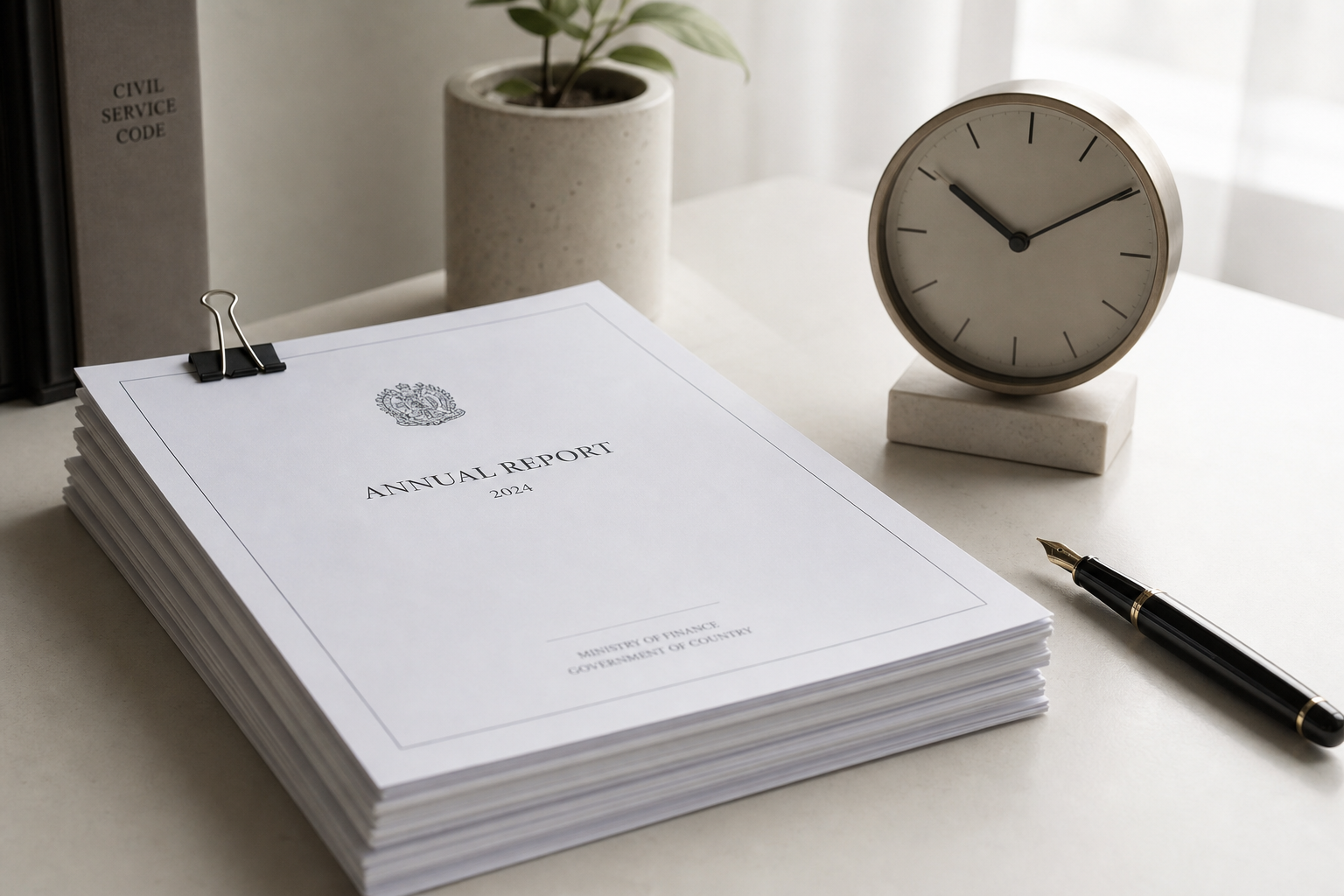 Aktenstapel und Uhr als Symbol für Verwaltung und Bundeswehr
